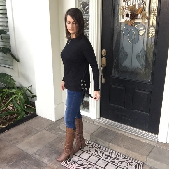 "All Wrapped Up" Lace Up Sides Thick Ribbed Pattern Long Sleeve Crew Neck Sweater Top Black
