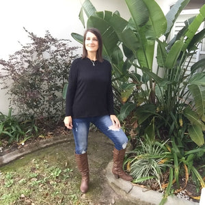 "All Wrapped Up" Lace Up Sides Thick Ribbed Pattern Long Sleeve Crew Neck Sweater Top Black