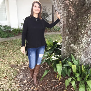 "All Wrapped Up" Lace Up Sides Thick Ribbed Pattern Long Sleeve Crew Neck Sweater Top Black