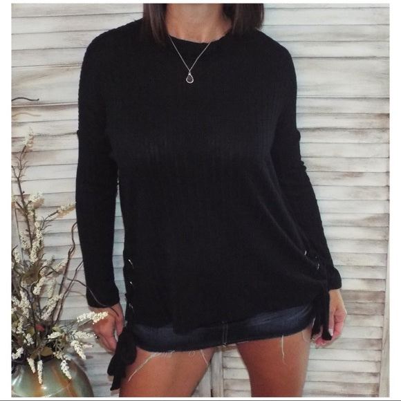 "All Wrapped Up" Lace Up Sides Thick Ribbed Pattern Long Sleeve Crew Neck Sweater Top Black