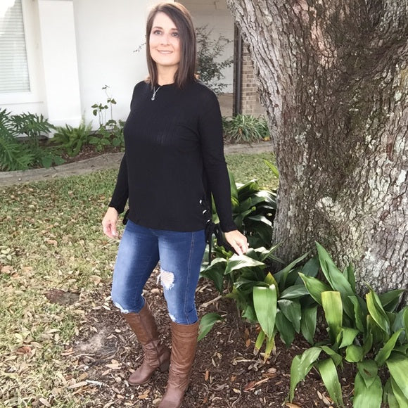 "All Wrapped Up" Lace Up Sides Thick Ribbed Pattern Long Sleeve Crew Neck Sweater Top Black