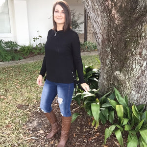"All Wrapped Up" Lace Up Sides Thick Ribbed Pattern Long Sleeve Crew Neck Sweater Top Black
