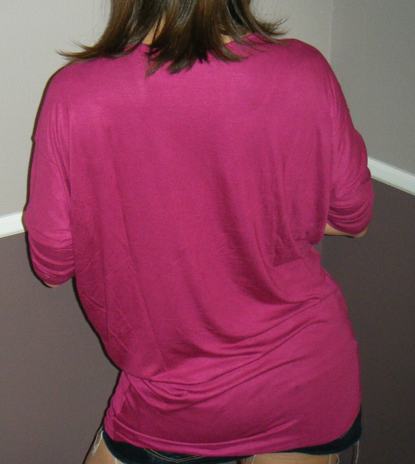 Very Sexy Dolman Deep V-Neck Cleavage Asymmetrical Tunic Top Magenta S/M/L/XL
