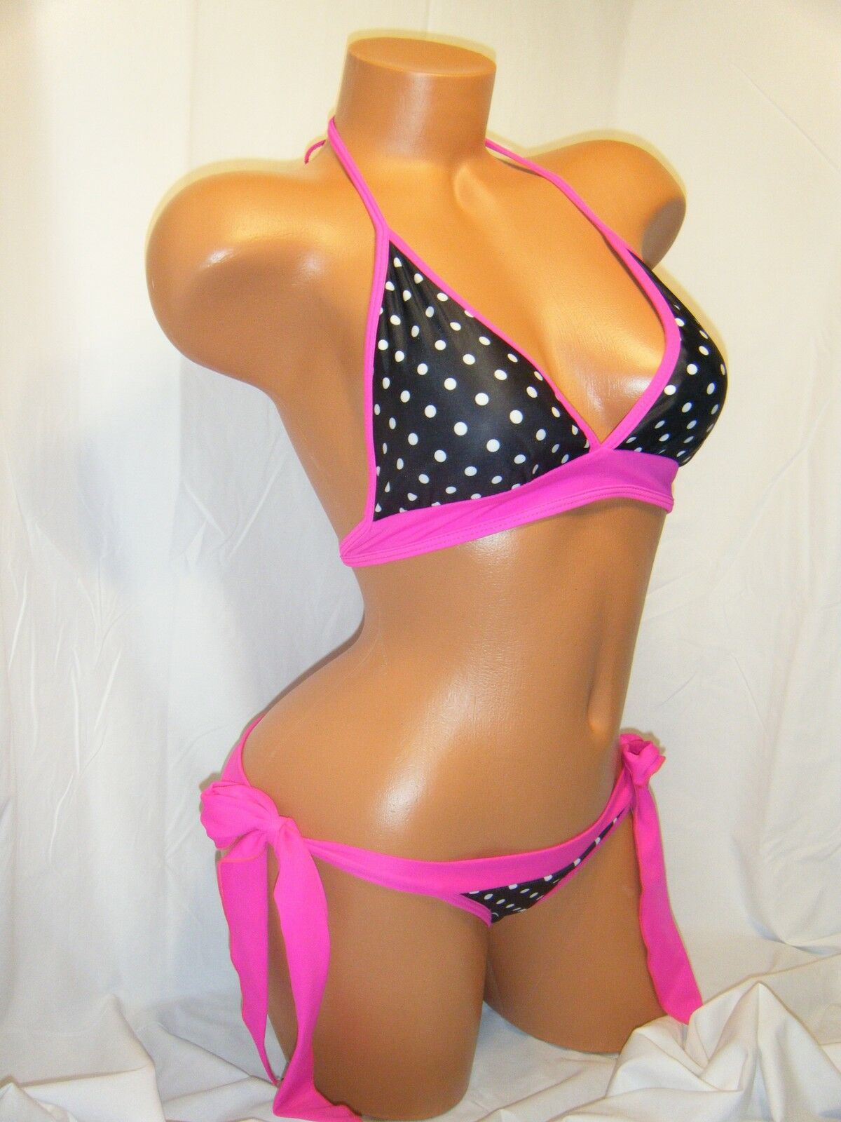Sexy Bikini Halter Triangle Padded Top Tie Pucker Bottom Swimsuit Black Pink