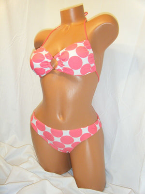 Sexy Halter Bandeau O Ring Bikini Pink White Polka Dot Swimsuit Padded S/M/L