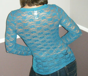 Very Sexy Lace Back V-Neck Cleavage Low Cut L/S Tissue Shirt Top Teal S/M/L