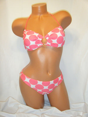 Sexy Halter Bandeau O Ring Bikini Pink White Polka Dot Swimsuit Padded S/M/L