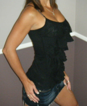 Sexy Tiered Ruffle Lace Scoop Neck Low Cut Cleavage Tank Cami Top Black S/M/L
