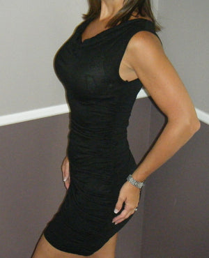 Very Sexy Little Black Mini Dress Cowl Neck Form Fitting Thin Ruched Sides S/M/L
