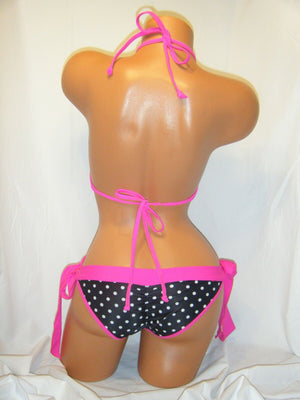 Sexy Bikini Halter Triangle Padded Top Tie Pucker Bottom Swimsuit Black Pink