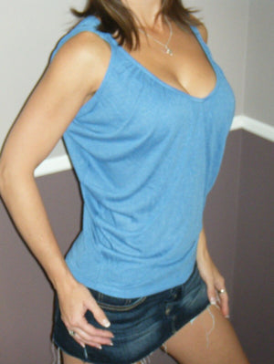 Very Sexy Ruched Cleavage V- Neck Boho Draped Armhole Shirt Tank Top Blue S/M/L