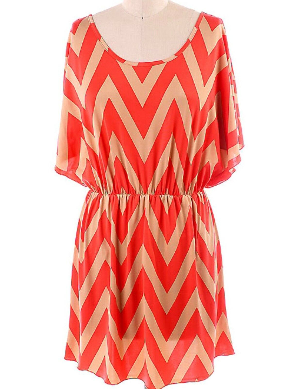 Sexy Chevron Zig Zag Print Batwing Dolman Elastic Waist Dress Tan/Coral S/M/L/XL