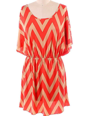 Sexy Chevron Zig Zag Print Batwing Dolman Elastic Waist Dress Tan/Coral S/M/L/XL