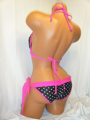 Sexy Bikini Halter Triangle Padded Top Tie Pucker Bottom Swimsuit Black Pink