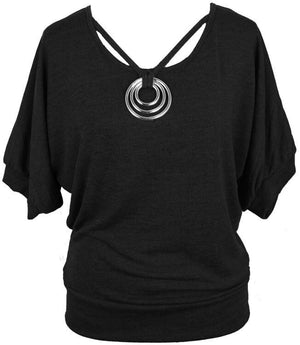 Sexy Dolman Sleeve Embellished "O" Ring Neck Banded Knit Top Sweater S/M/L