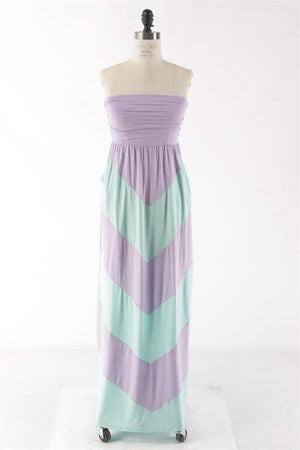 Strapless Chevron Maxi Dress Long Colorblock Tube Sundress Summer Mint Purple
