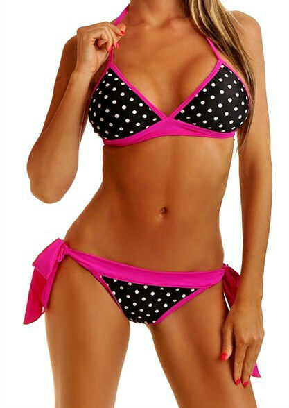 Sexy Bikini Halter Triangle Padded Top Tie Pucker Bottom Swimsuit Black Pink