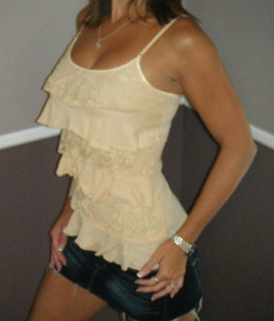 Very Sexy Tiered Ruffle Lace Scoop Neck Low Cut Cleavage Tank Cami Top Tan S/M/L