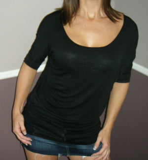 Very Sexy Dolman Wide Scoop Open Boat Neck Batwing Blouse Top Shirt Black S/M/L