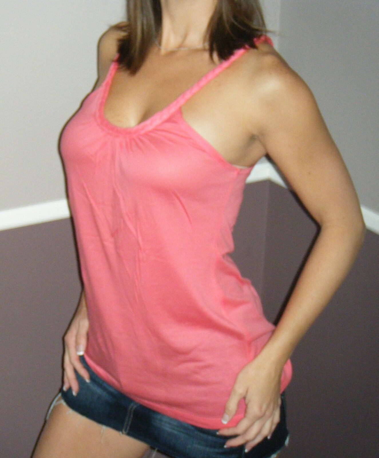 Sexy Low Cut Scoop Neck Braided Spaghetti Strap Tank Shirt Top Pink Coral S/M/L