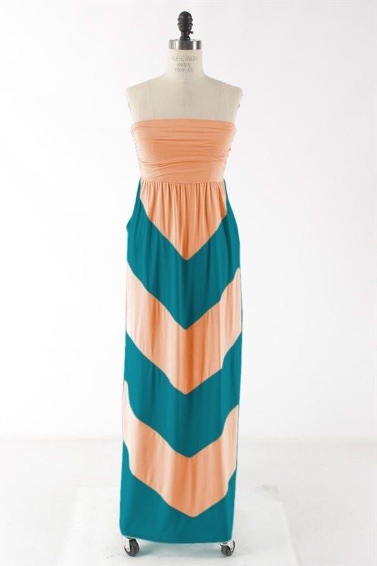Strapless Chevron Maxi Dress Long Color Block Tube Sundress Summer Peach Jade
