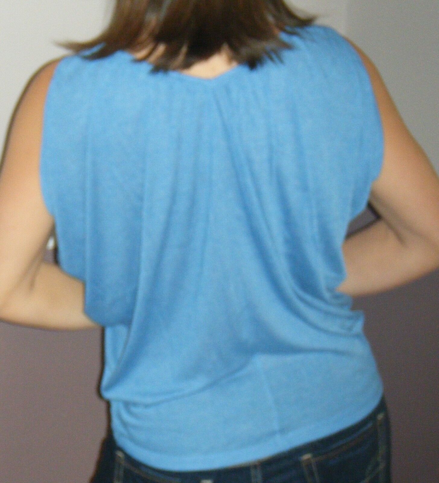 Very Sexy Ruched Cleavage V- Neck Boho Draped Armhole Shirt Tank Top Blue S/M/L
