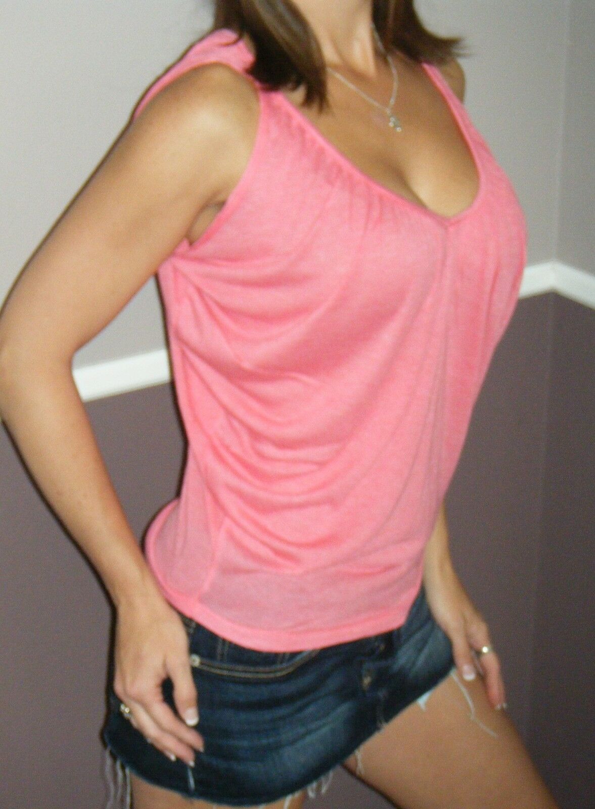 Very Sexy Ruched Cleavage V-Neck Boho Draped Armhole Shirt Tank Top Pink S/M/L