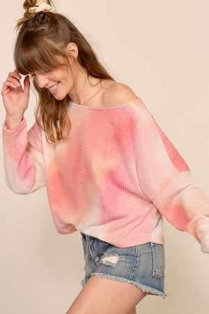 "Can't Stop Me Now" Multi Tie Dye Waffle Thermal Wide Neck Pull Over Long Sleeve Top Pink