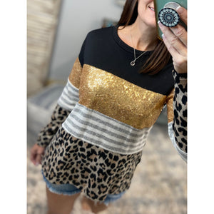 "All That Glitters" Gold Sequined Round Neck Leopard Animal Print Pocket Long Sleeve Black