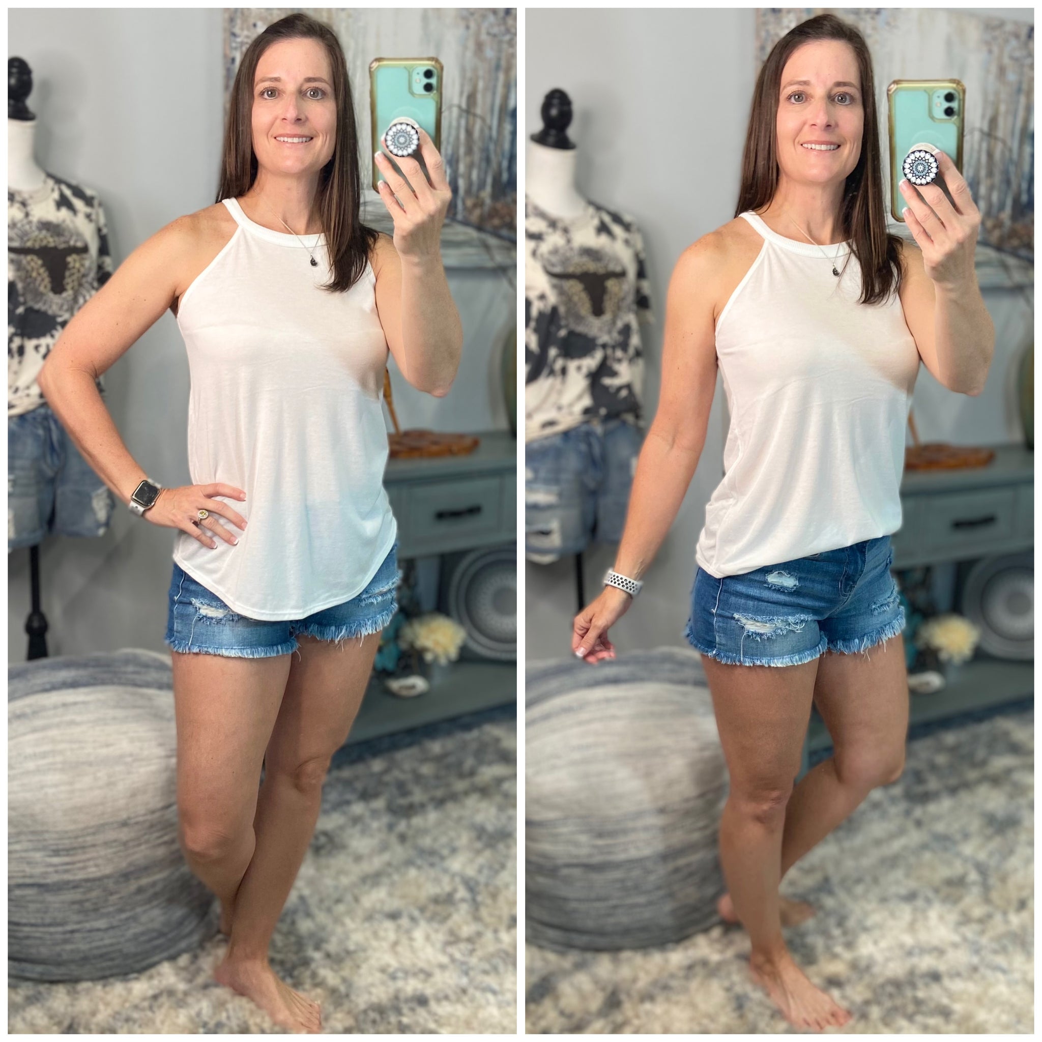 Tri Rocker Racerback Round Neck Floaty Trendy Tank Top Summer White