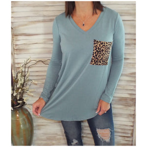 V Neck Floaty Leopard Animal Print Pocket Long Sleeve Floaty Loose Blue