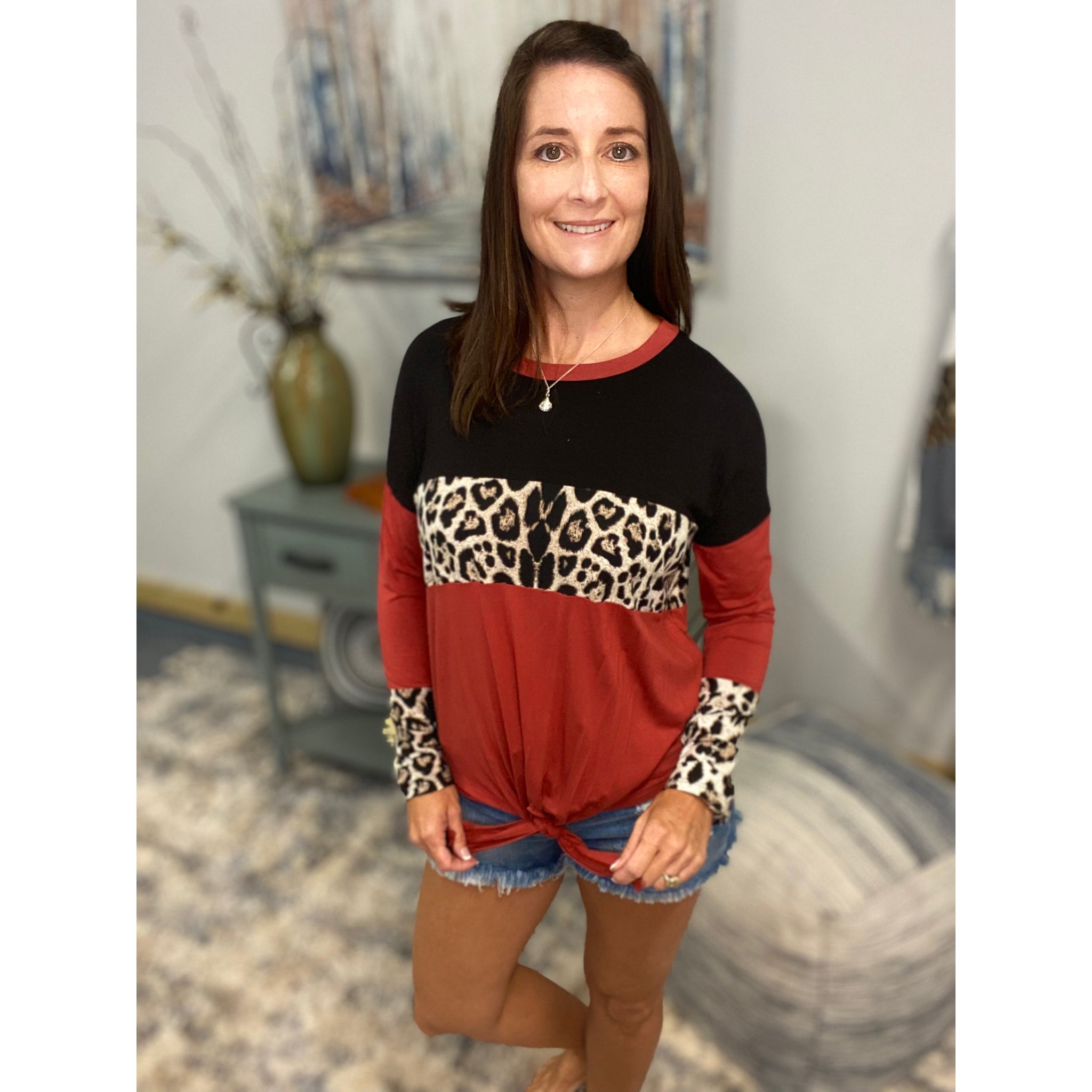 "I'm All Confused" Round Neck Floaty Self Tie Animal Print Color Block Long Sleeve Rust Black