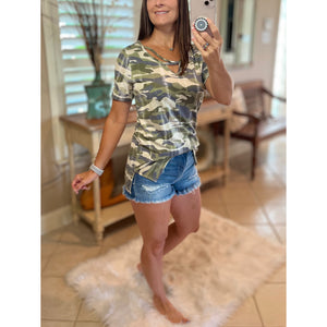 "March to a Different Drum" Distressed Camouflage Criss Cross Cutout Front Short Sleeve Green S/M/L