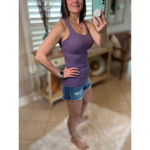 “Can’t Touch This” Ribbed Low Scoop Boy Beater Cleavage Fitted Tank Top Purple Lilac S/M/L
