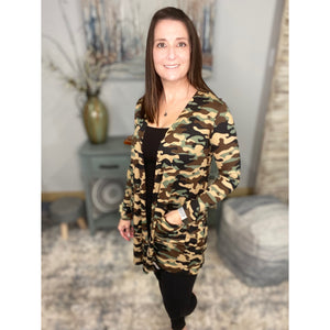 “Suspicious Love” Open Long Cardigan Pocket Asymmetrical Light Long Sleeve Open Front Camouflage