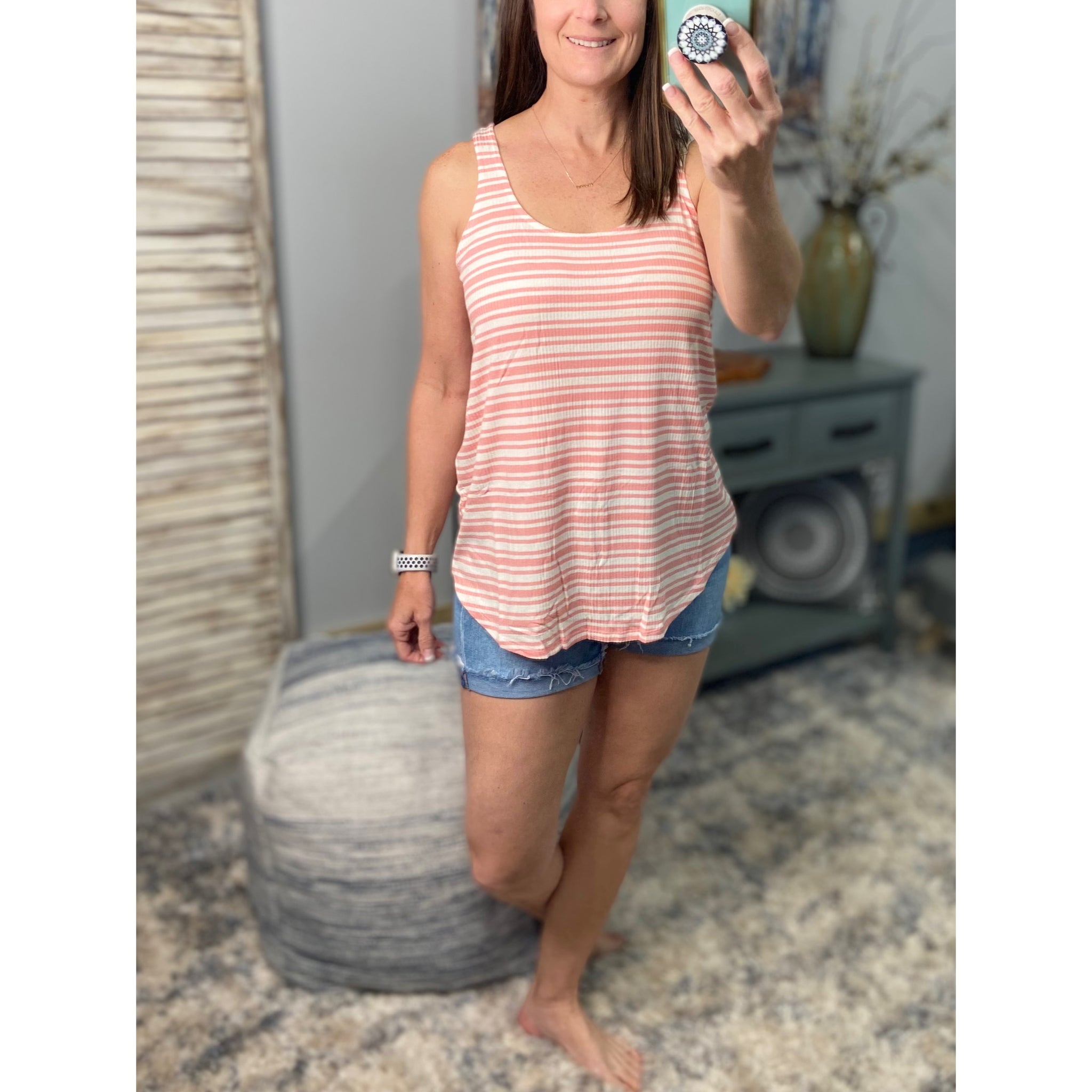 "Level Up" Ribbed Striped Scoop Neck Sleeveless Summer Beach Floaty Tank Top Tunic Pink