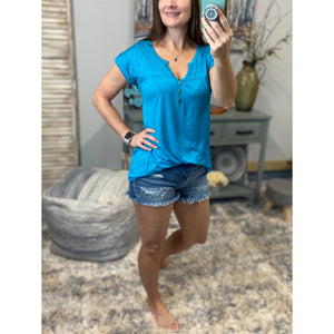 “Just Be You” Sheer Burnout Melange Tissue V-Neck Henley Tab Short Sleeve Shirt Tee Teal