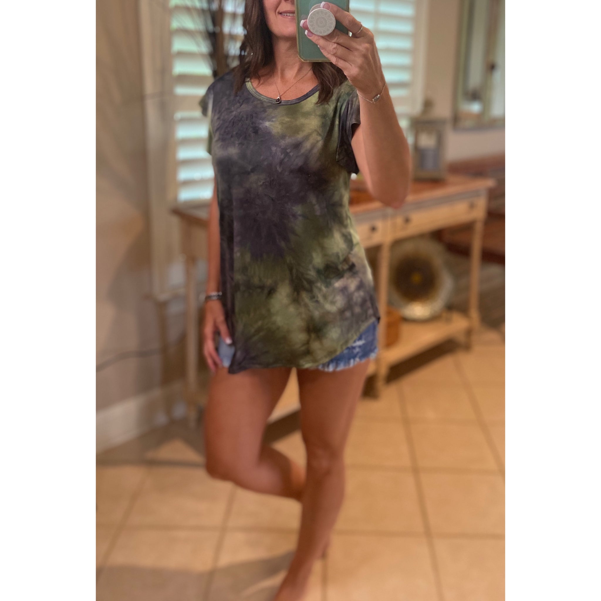 “Midnight Sky” Tie Dye Short Flutter Sleeve Round Neck Bottom Retro 70s Top Green Multi