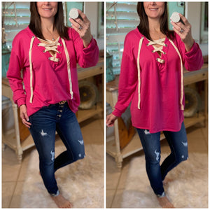 “All The Rage” V Neck Lace Up Eyelet Tie Caged French Terry Deep V-Neck Long Sleeve Pink