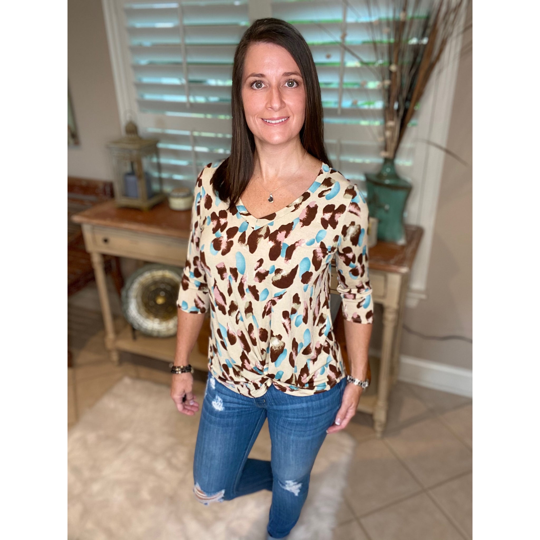 “Too Good To Be True” Leopard Print V Neck Quarter Sleeve Round Bottom Floaty Taupe Pink