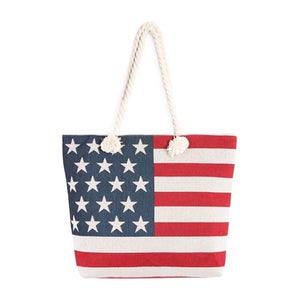 🇺🇸USA Flag Print Rope Handle Red White Blue Beach Bag Tote
