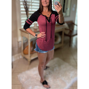 “Game Changer” Sporty 3/4 Sleeve Lace Up V-Neck Raglan Jersey Sporty Stretch Shirt Maroon