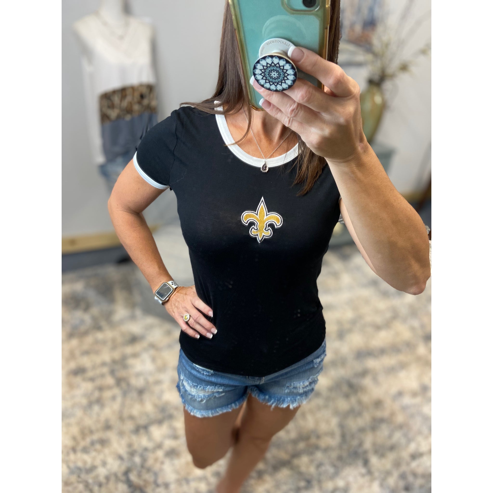 New Orleans Saints Fleur de Lis Embroidery Crew Neck Baby Slimming Soft Top Tee Black Ivory Contrast Trim