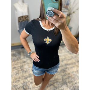 New Orleans Saints Fleur de Lis Embroidery Crew Neck Baby Slimming Soft Top Tee Black Ivory Contrast Trim