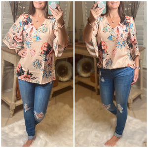 “Spring Is In The Air” Floral Print V-Neck Flared Sleeve Boho Dressy Top Light Peach S/M/L/XL/2X