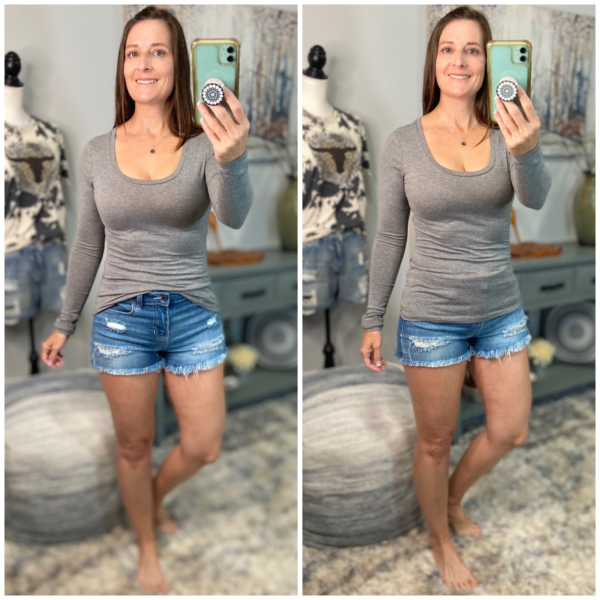 “Easygoing” Slimming Scoop Neck Low Cut L/S Tissue Basic Baby Shirt Top Sky Gray S/M/L