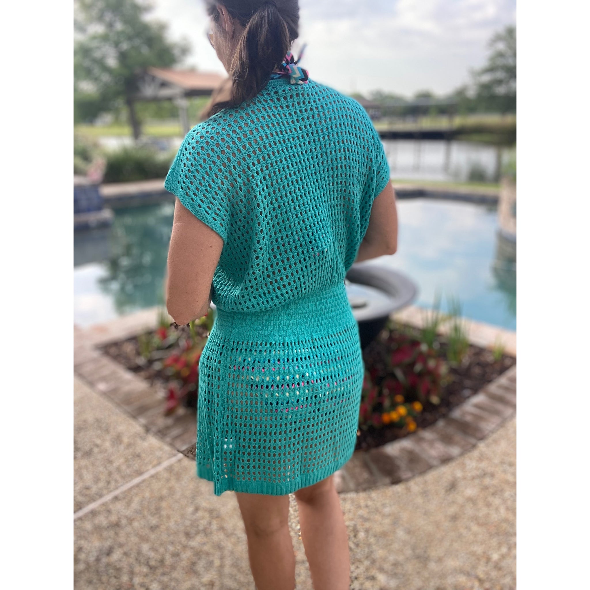 “Ocean Eyes” Crochet Mesh V Neck Mini Beach Swimsuit Cover Up Beach Pool Aqua Green One Size