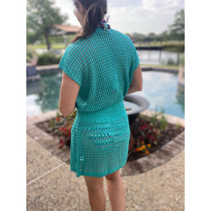 “Ocean Eyes” Crochet Mesh V Neck Mini Beach Swimsuit Cover Up Beach Pool Aqua Green One Size