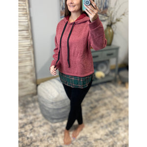 “Free To Choose” French Terry Drawstring Hoodie Contrast Plaid Bottom Pink Green