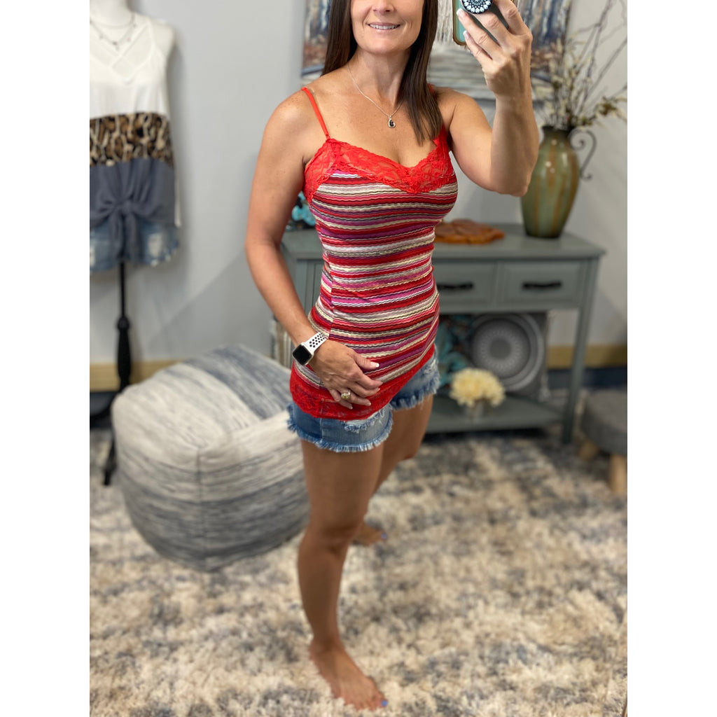 Striped Low Cut Cleavage Retro Lace Summer Tank Cami Top Tunic Red
